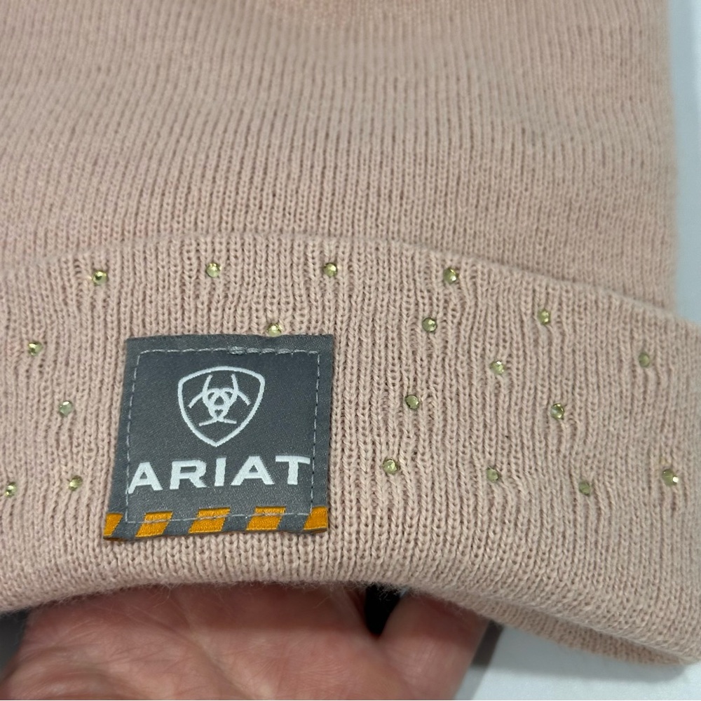 Ariat Blush Pink Knit Beanie with Metallic Gold Rhinestone Crystal Accents - Picture 2 of 7